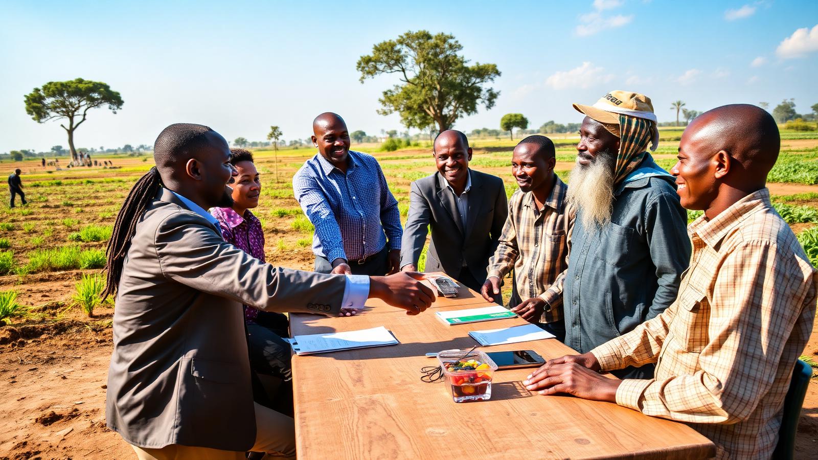 Agribusiness partners and farmers meeting near farmland